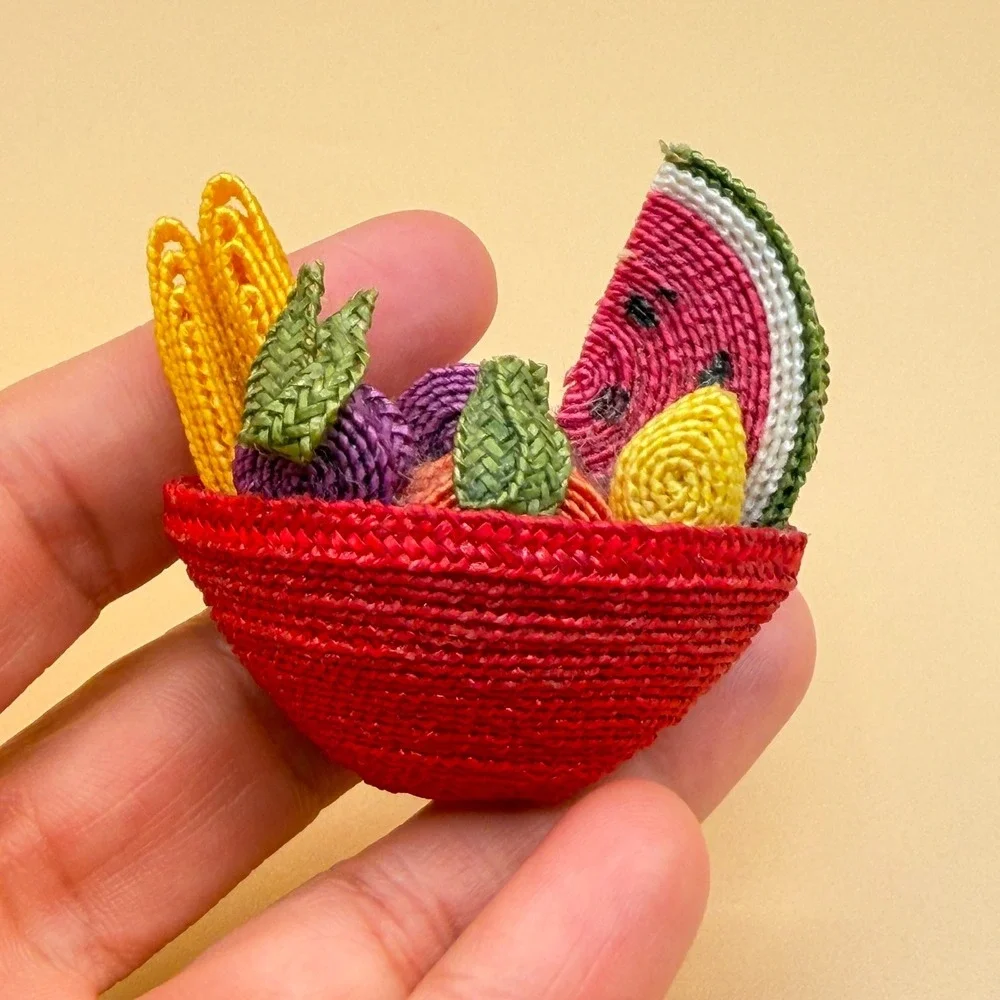 Woven Fruit Basket Brooch Watermelon Vintage Whimsical Boho Statement Pin Gift
